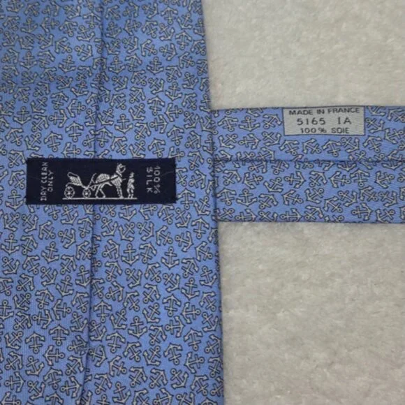 100% REAL HERMES TIE ~LIGHT BLUE WHITE SHIP SAILING BOATS ANCHORS NAUTICAL XL